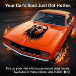 Black ghost skull with flowing flame design vinyl decal displayed on an orange car hood