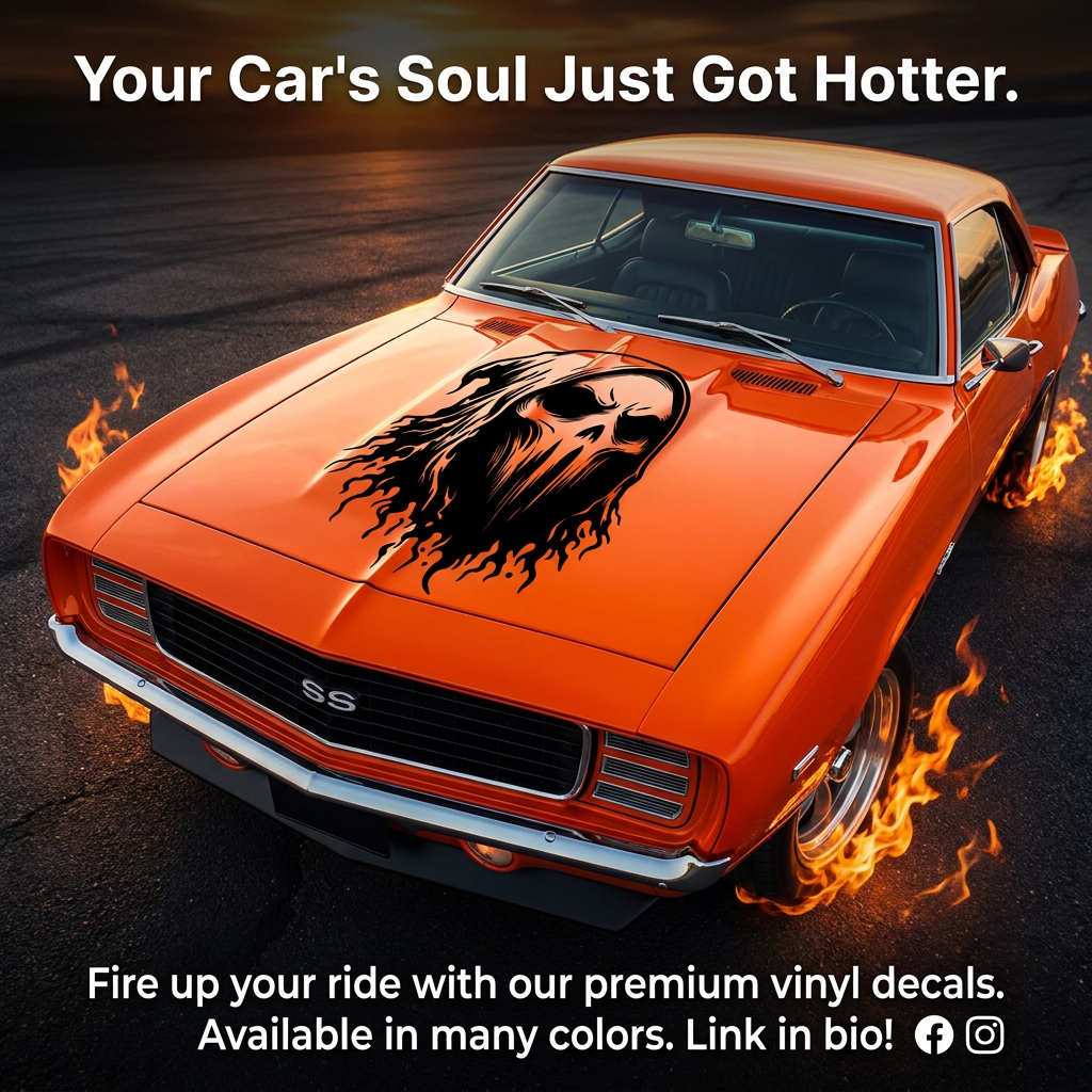 Black ghost skull with flowing flame design vinyl decal displayed on an orange car hood
