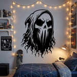 Black ghost skull with flowing flame design vinyl decal displayed on a wall