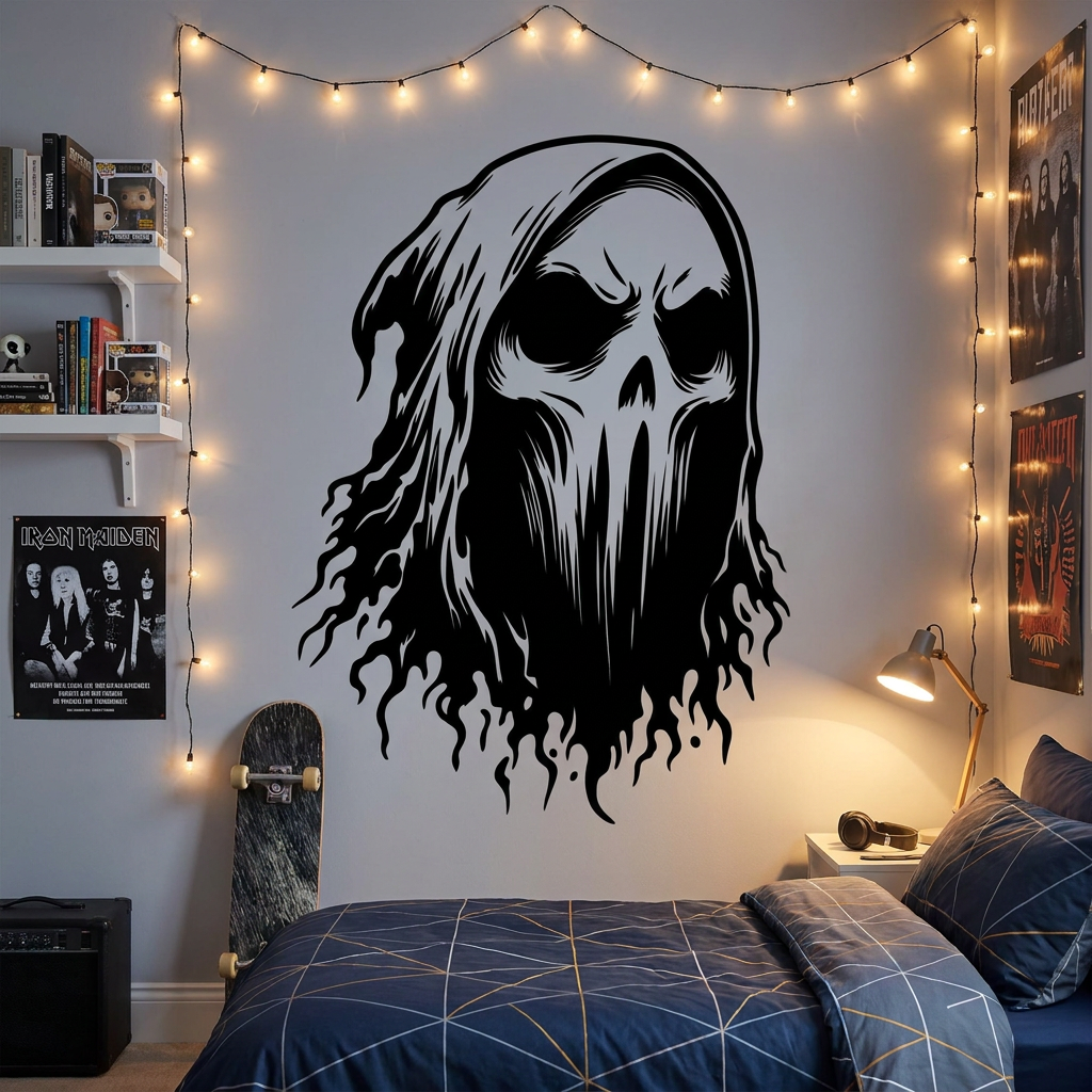 Black ghost skull with flowing flame design vinyl decal displayed on a wall