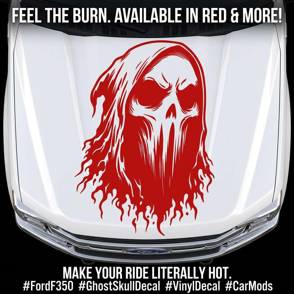 Red ghost skull with flowing flame design vinyl decal displayed on an white truck hood