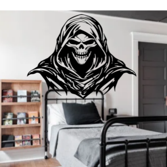 “Black matte Skull/Grim Reaper wall/car decal, 29×22.7 in, high‑contrast silhouette on smooth painted wall”