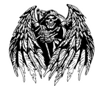 "Black vinyl decal of hooded Grim Reaper skull with large feathered angel wings.
