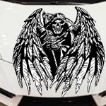 "Black vinyl decal of hooded Grim Reaper skull with large feathered angel wings, centered on  car hood."


