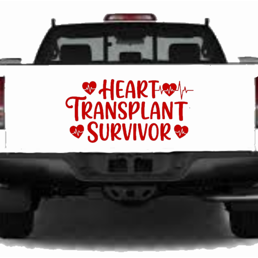 Back of a white truck with a 'Heart Transplant Survivor' decal on a white background