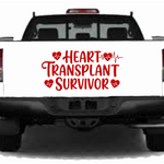 Back of a white truck with a 'Heart Transplant Survivor' decal on a white background