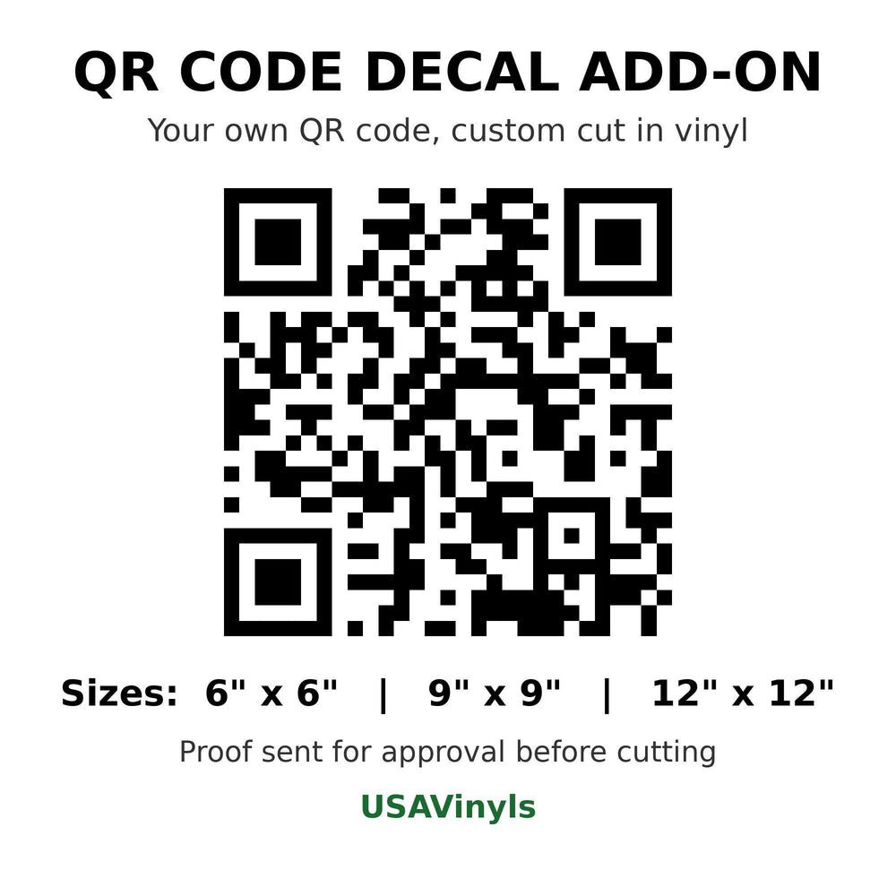 QR code decal add-on graphic showing a black QR code on a white background with available sizes 6 x 6, 9 x 9 and 12 x 12 inches