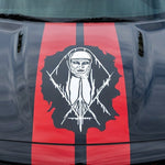 “White matte Nun‑inspired wall/hood decal, large size, high‑contrast silhouette on smooth painted surface”