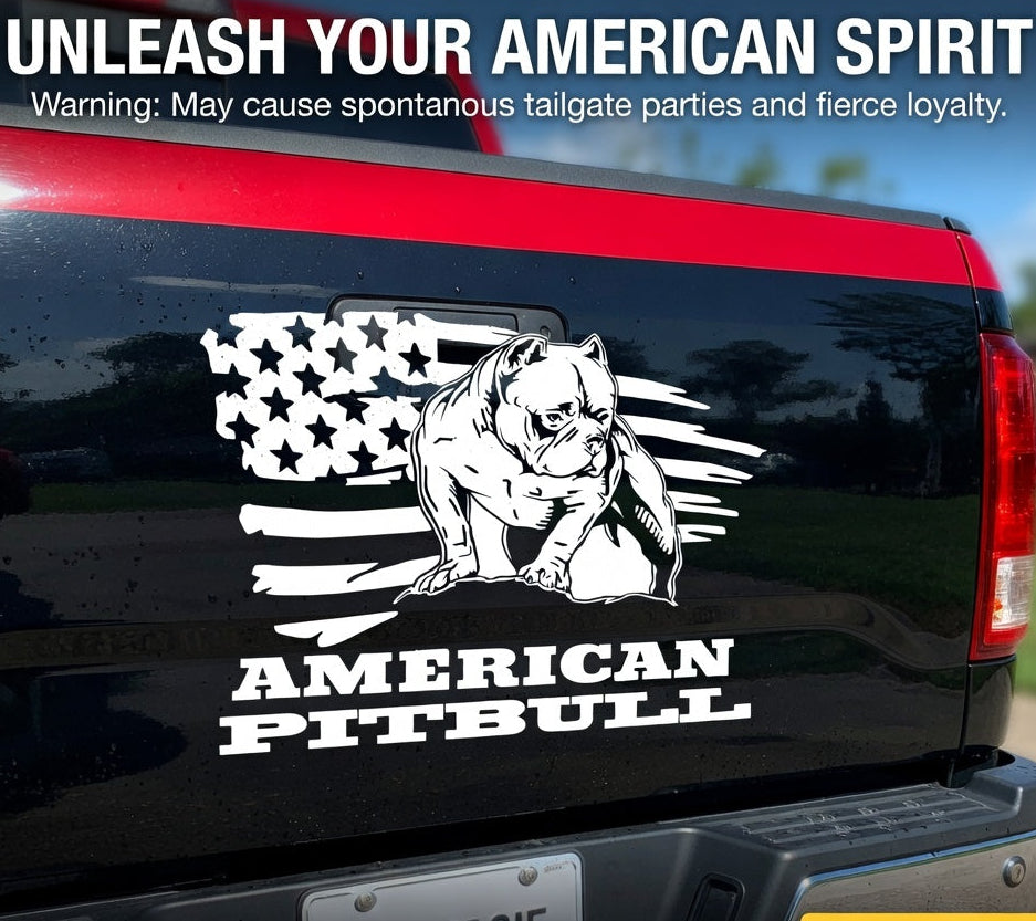 American Pitbull Vinyl Decal in white die-cut vinyl on truck tailgate.