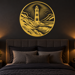 Gold lighthouse wall decal above a bed in a dark bedroom