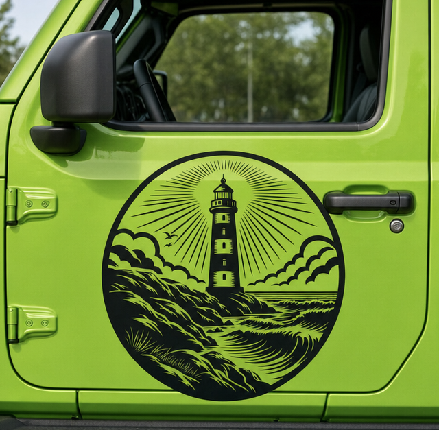Black lighthouse decal on the door of a lime green Jeep
