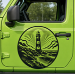 Black lighthouse decal on the door of a lime green Jeep