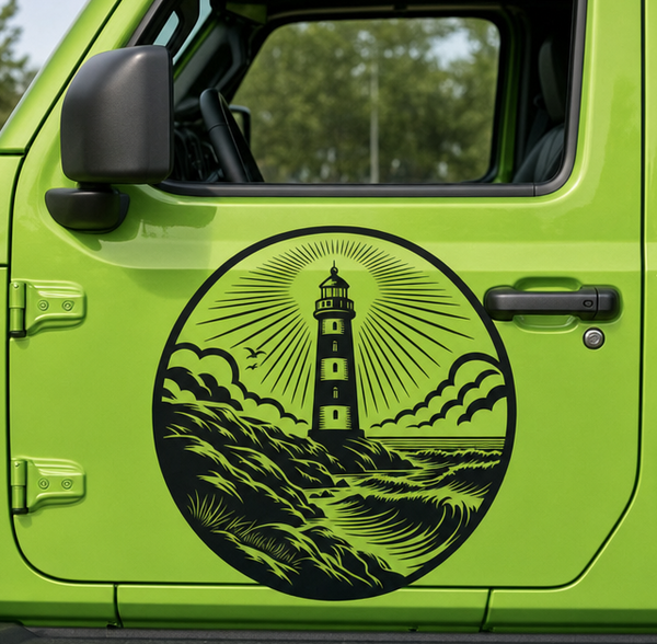 Black lighthouse decal on the door of a lime green Jeep