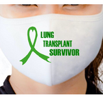 White face mask with green ribbon and 'Lung Transplant Survivor' text on a white background