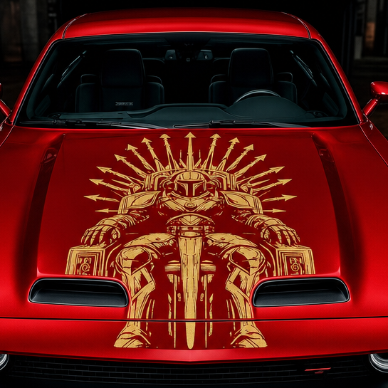 Mandolarian Vinyl Decal in Gold on red car