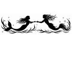A black silhouette decal or graphic of a mermaid and merman holding hands, floating on a solid white background.