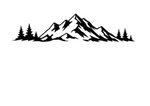Mountain range and pine tree die-cut vinyl decal design shown in black on a white background