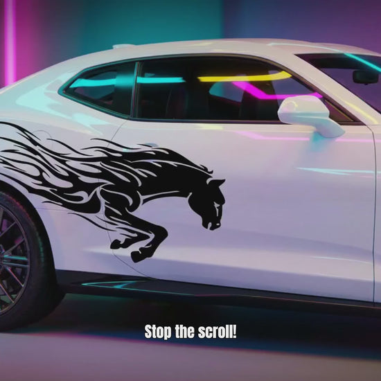 Mustang with traibal flames black vinyl decal on white vehicle