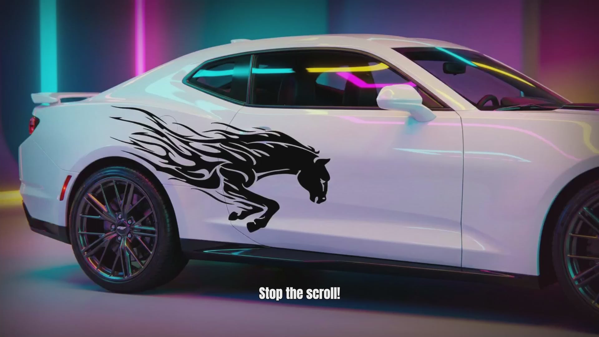 Mustang with traibal flames black vinyl decal on white vehicle
