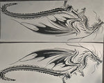 Dragon with wings vinyl car/wall decal, white, 60×24 on vehicle door, die‑cut no background. Mirrored set