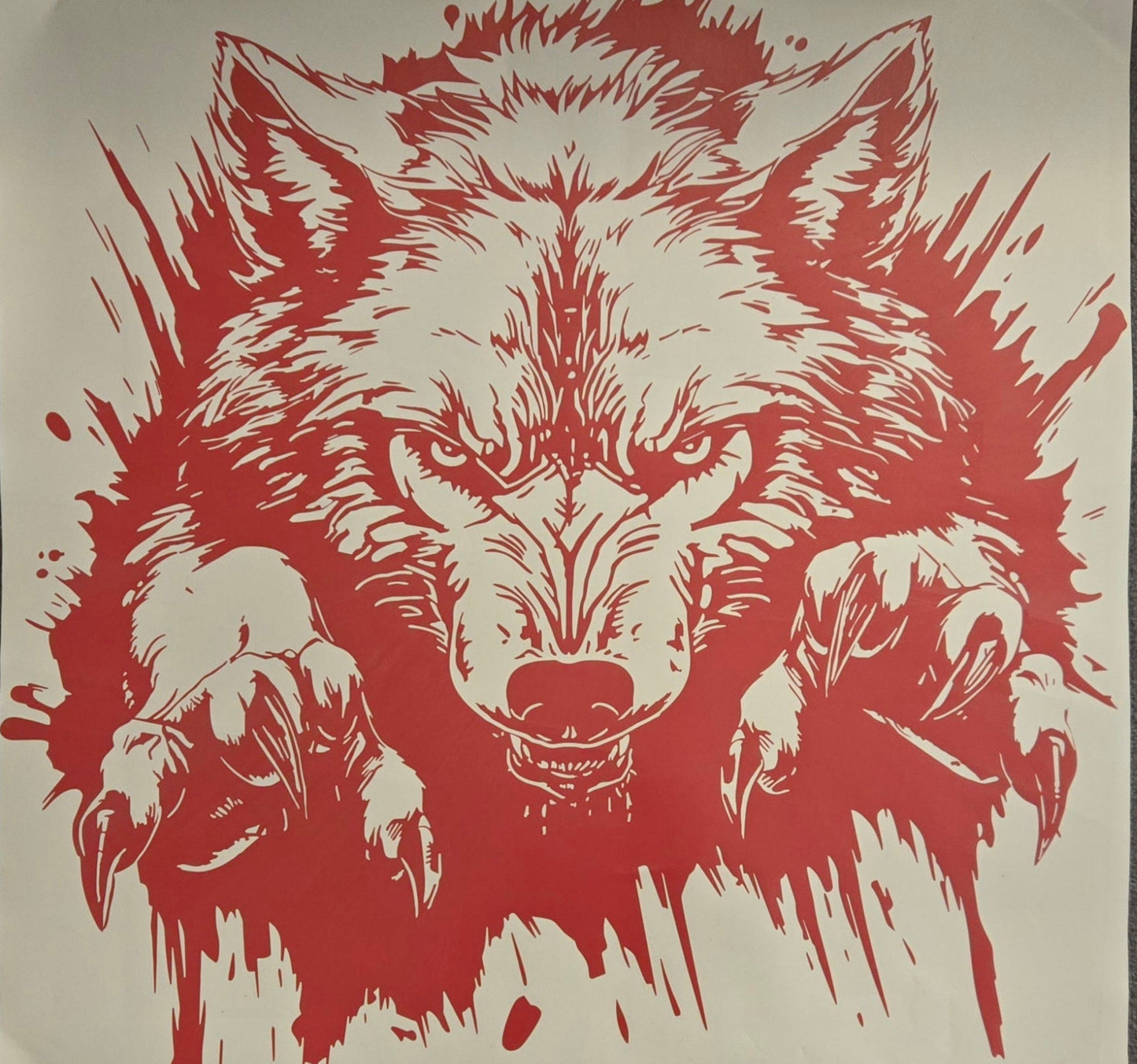 Wolf ‘popping‑out’ vinyl car/wall decal, red, die‑cut with no background on vehicle hood”