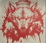 Wolf ‘popping‑out’ vinyl car/wall decal, red, die‑cut with no background on vehicle hood”