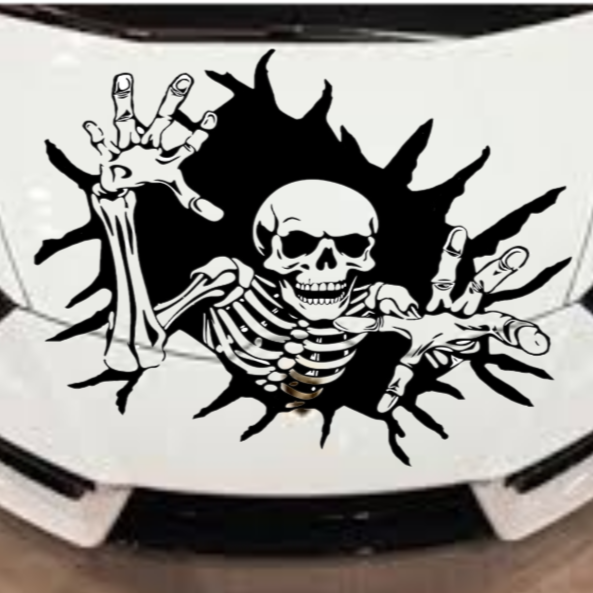 “Grim Reaper hood graphic vinyl car/wall decal, BLACK, 30×24.3 in, die‑cut with no background on rear window”