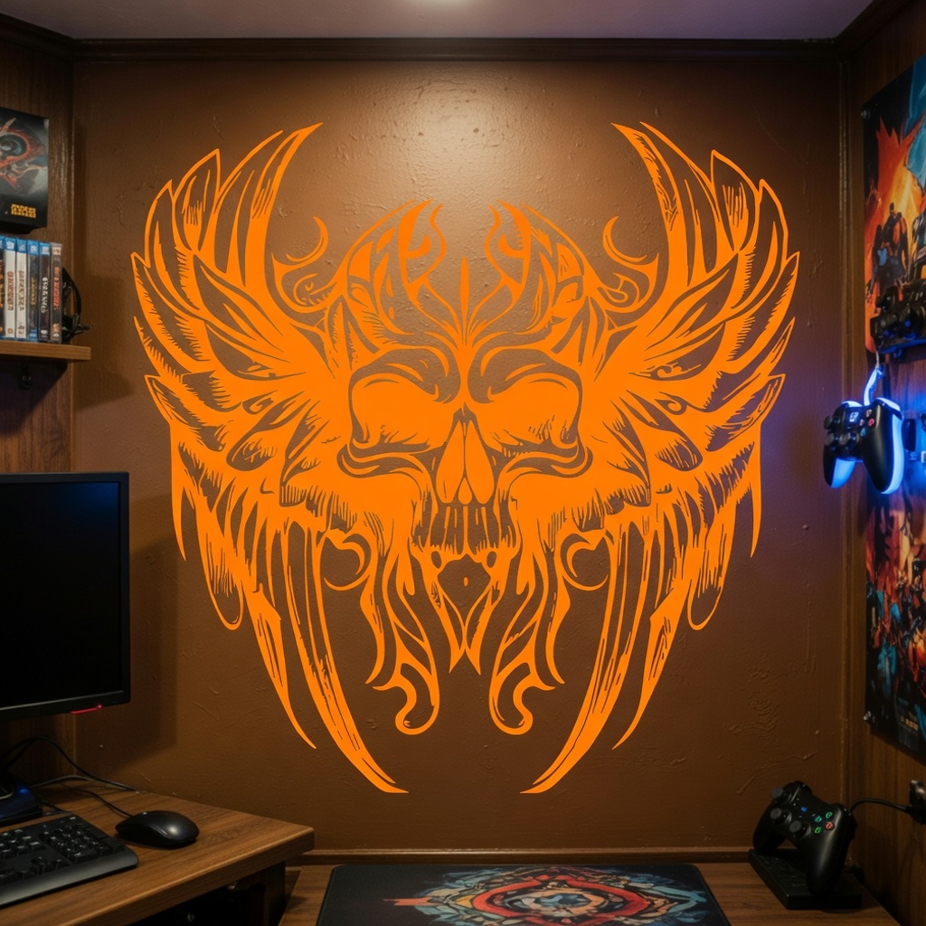 Orange gothic winged skull viny decal on brown game room wall