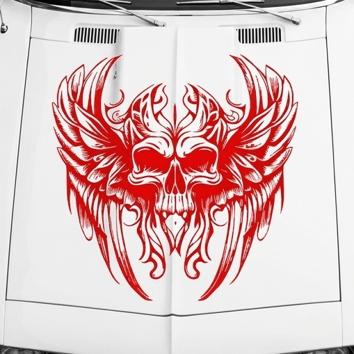 Red gothic winged skull viny decal in  on white car