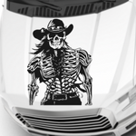 “Black matte Skull Cowboy wall decal, 37×28 in, high‑contrast silhouette on car hood”