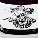 Black matte Skull with Tribal Snake hood/wall decal, 37×29 in, high‑contrast silhouette on vehicle