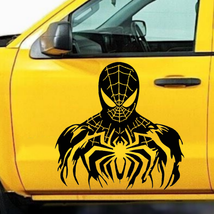 spiderman black vinyl decal on yellow truck