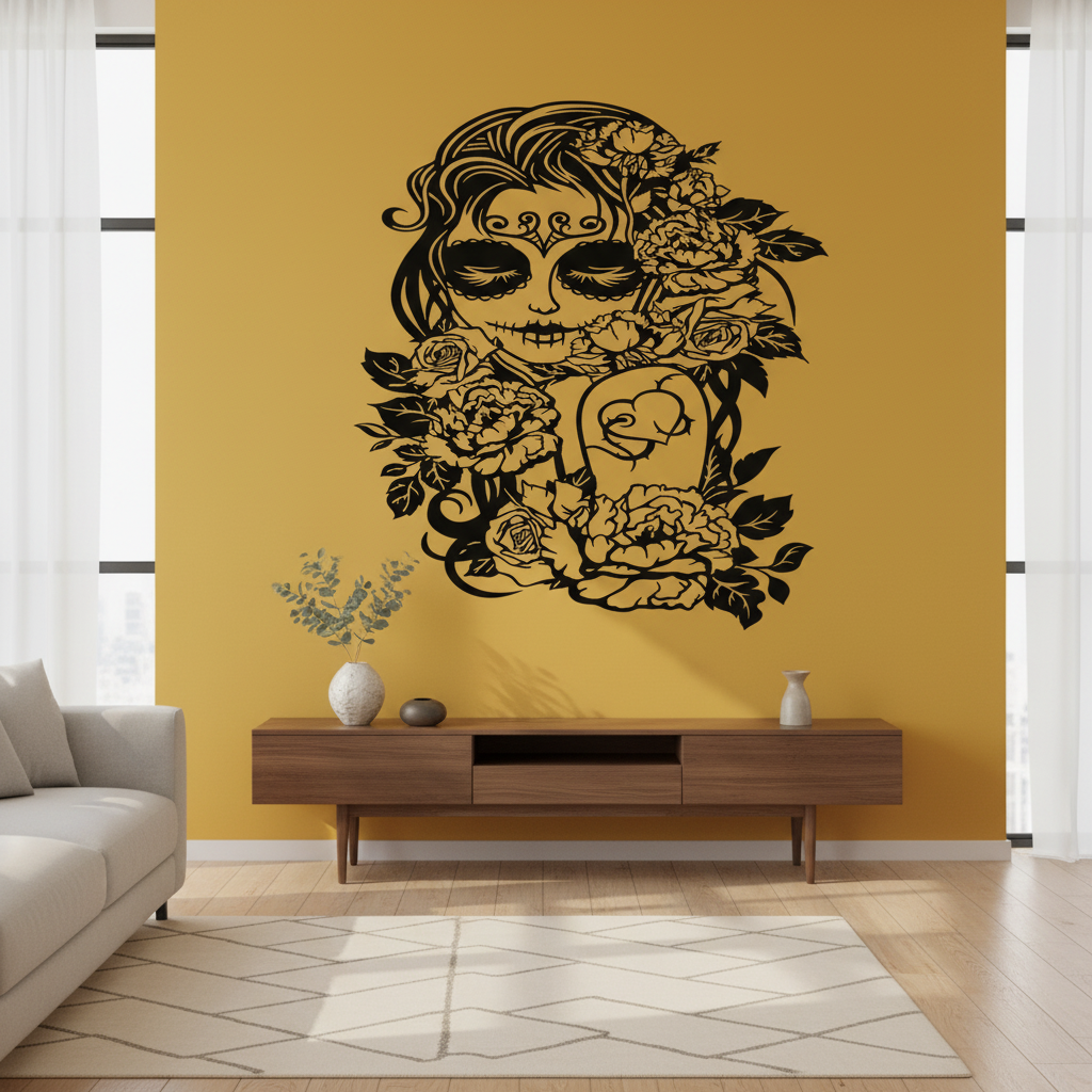 Black vinyl sugar skull decal on interior wall 