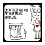 A black and white cartoon-style graphic with a woman in a white dress with a red heart, standing next to a severed head on a white background.