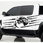 “T‑Rex eating raptor vinyl car decal, black on white truck bedside, die‑cut with no background”