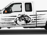 T‑Rex eating raptor vinyl car decal, black on white truck bedside, die‑cut with no background
