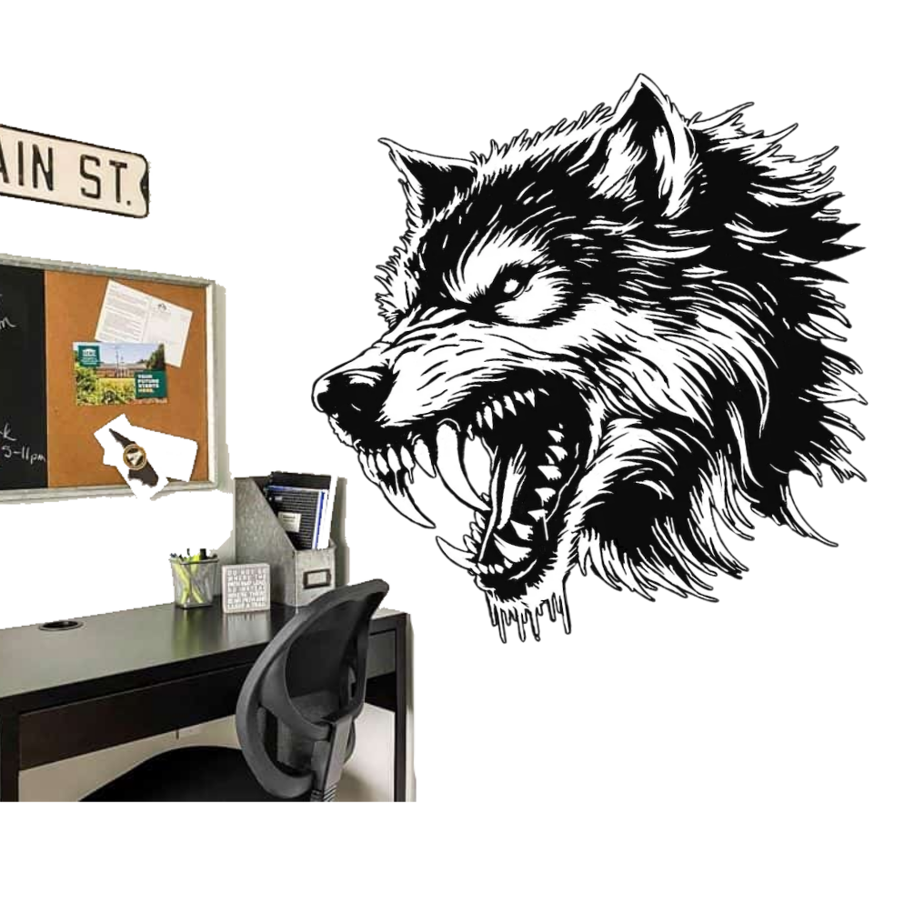 Wolf design on a white background with a small inset of a store interior.