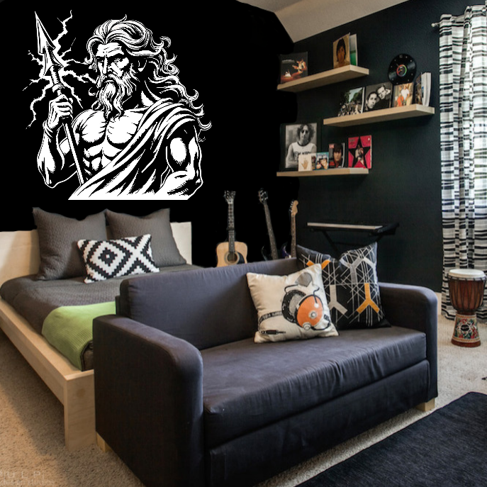 “Zeus‑inspired warrior lightning vinyl hood decal, white on wall  die‑cut with no background”