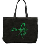 “Donate Life canvas tote bag, natural cotton, 15×16 in, reinforced handles, bold front graphic”