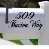 Mailbox address decals with optional flourish under street name, black vinyl on white mailbox