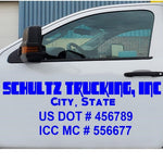 “Truck door vinyl lettering 2‑piece set — Company Name, City ST, USDOT, pre‑spaced die‑cut, white on dark van door”