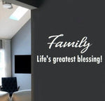 Family life’s greatest blessing vinyl wall decal in white, 30×15, applied to smooth painted wall”