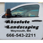 “Truck door vinyl lettering 2‑piece set — Company Name, City ST, USDOT, pre‑spaced die‑cut, white on dark van door”