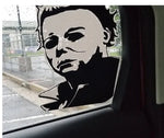 Black matte Michael‑inspired mask silhouette wall decal, 36‑inch tall, optional white backing piece behind for contrast