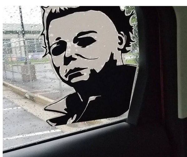 Black matte Michael‑inspired mask silhouette wall decal, 36‑inch tall, optional white backing piece behind for contrast