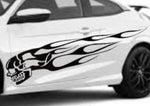 “Black matte skull + flames vehicle decals, 80×20 in pair, mirrored left/right, high‑contrast on light paint”