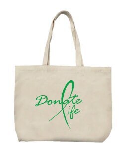 Donate Life canvas tote bag, natural cotton, 15×16 in, reinforced handles, bold front graphic