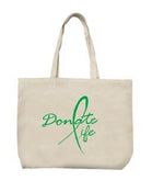 Donate Life canvas tote bag, natural cotton, 15×16 in, reinforced handles, bold front graphic