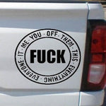 Black ‘Fuck’ car decal on light tailgate, 16×16, high‑contrast lettering