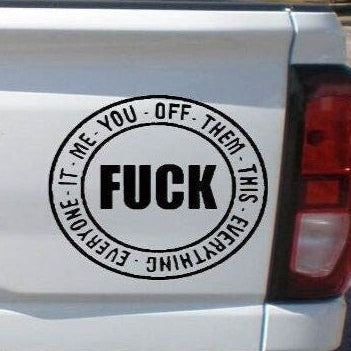 Black ‘Fuck’ car decal on light tailgate, 16×16, high‑contrast lettering
